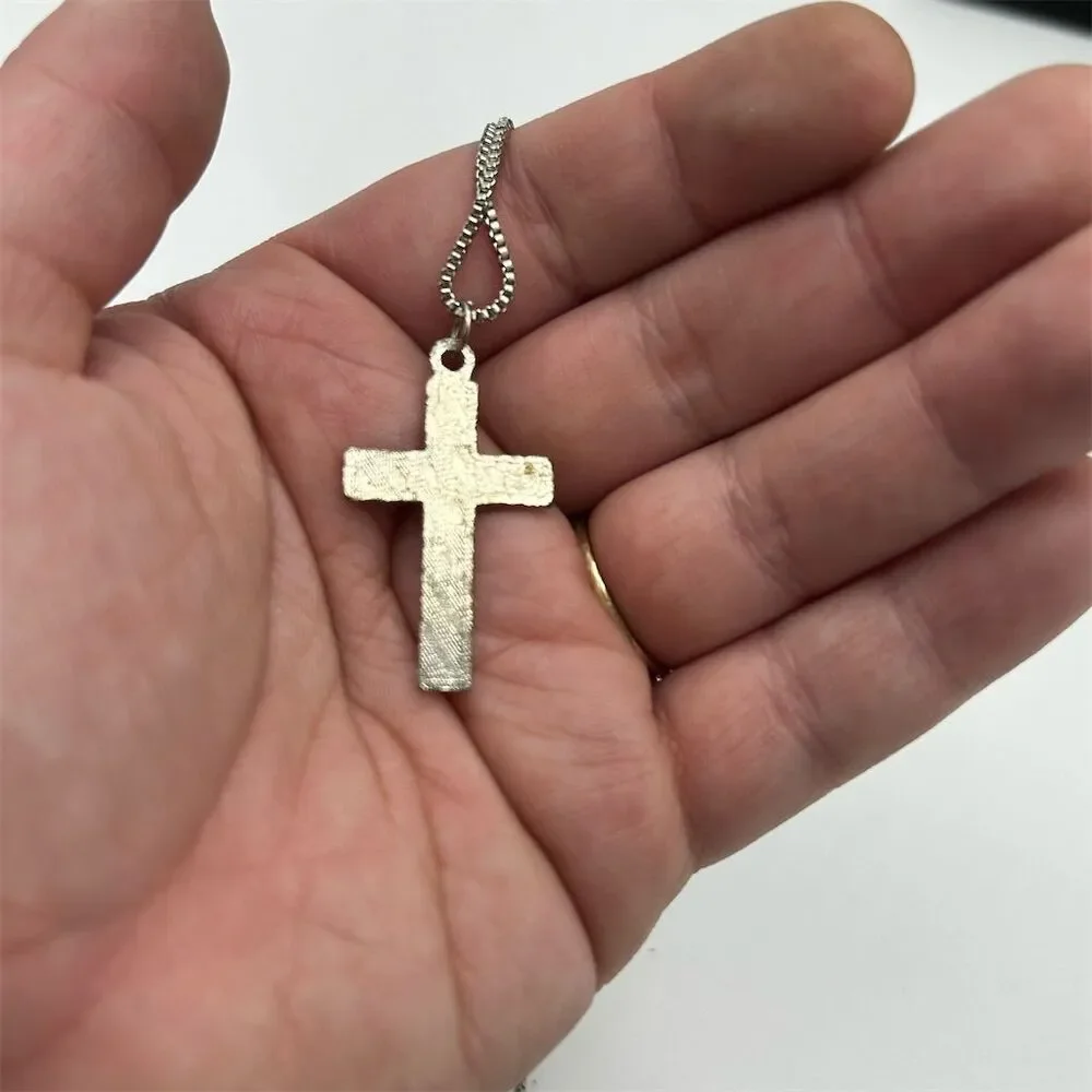 Vintage Blue Enamel Cross Silver Tone Pendant Necklace - Picture 3 of 4